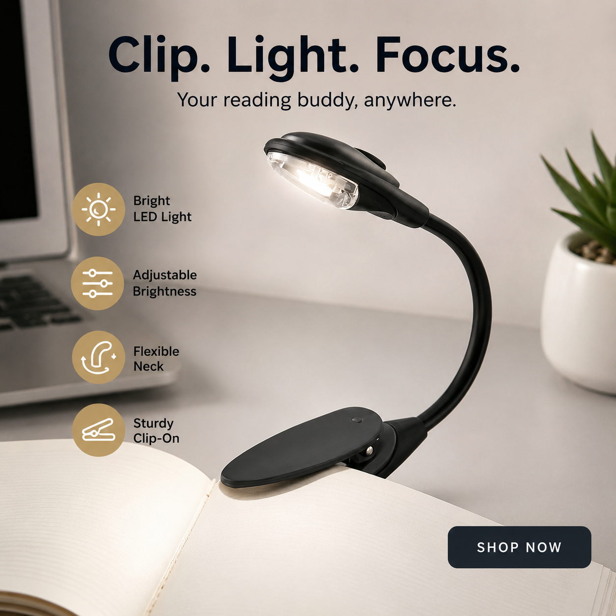Black variant: "Clip-On LED Book Light in Black – compact reading light for bed and travel"