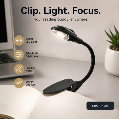 Black variant: "Clip-On LED Book Light in Black – compact reading light for bed and travel"