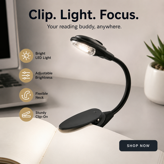 Black variant: "Clip-On LED Book Light in Black – compact reading light for bed and travel"
